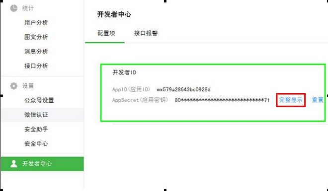 公众平台开发者中心查看